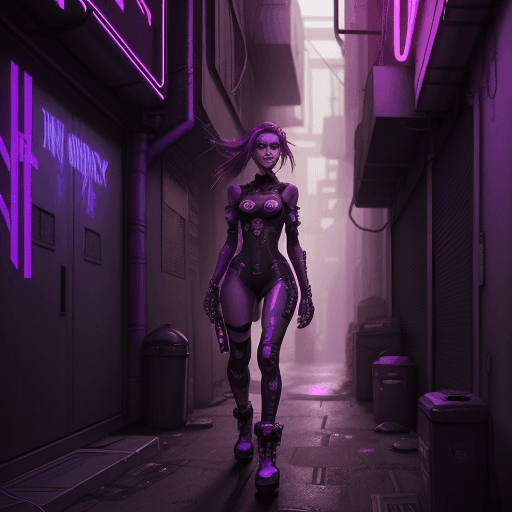 AI generated: Digital art of a young cyberpunk woman standing in an alleyway, digital drawing, purple and orange c...