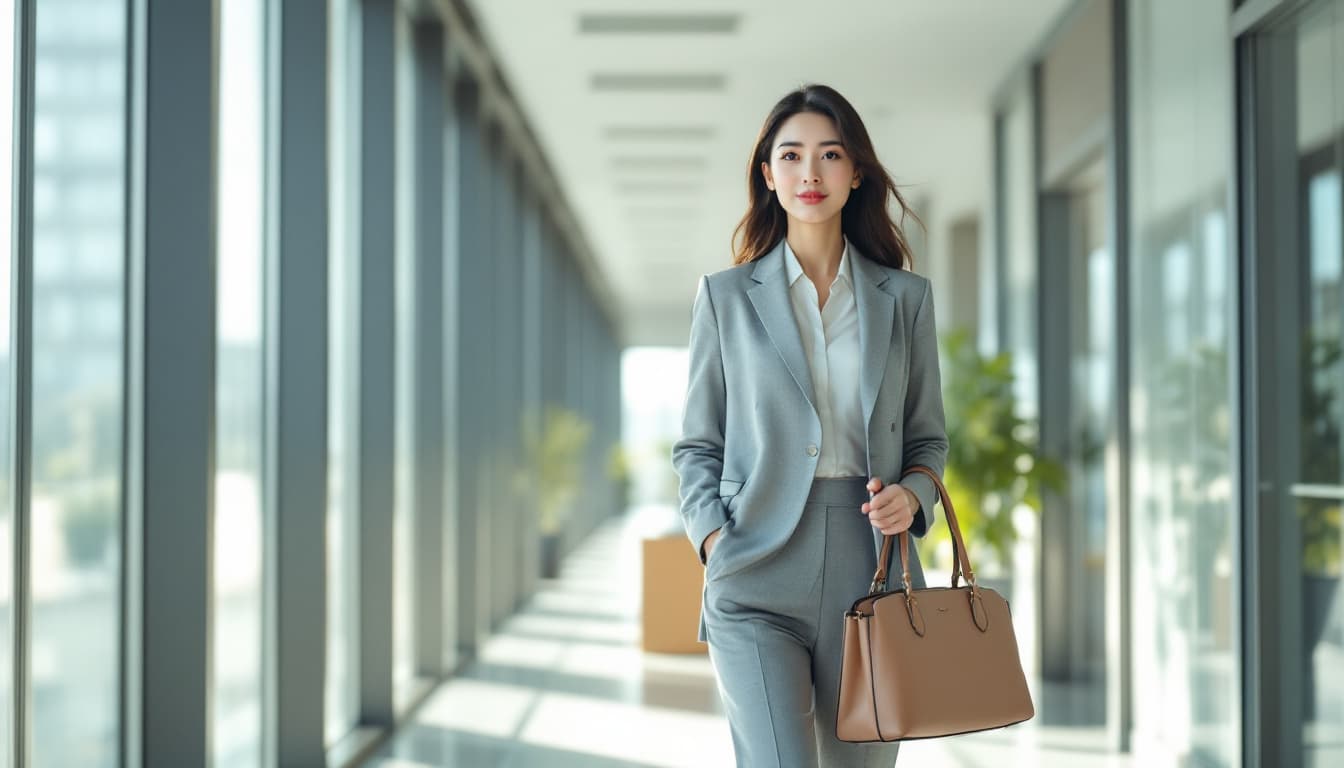 AI generated: professional Japanese woman in her late 20s, walking confidently in a modern office corridor, front ...