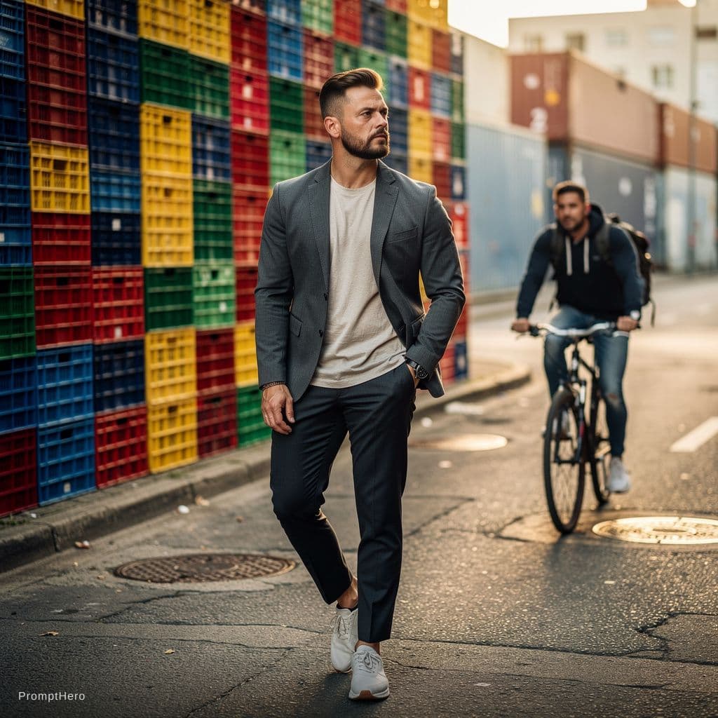 AI generated: contemporary street scene, professional man model with a colorful backdrop of stacked crate, street ...