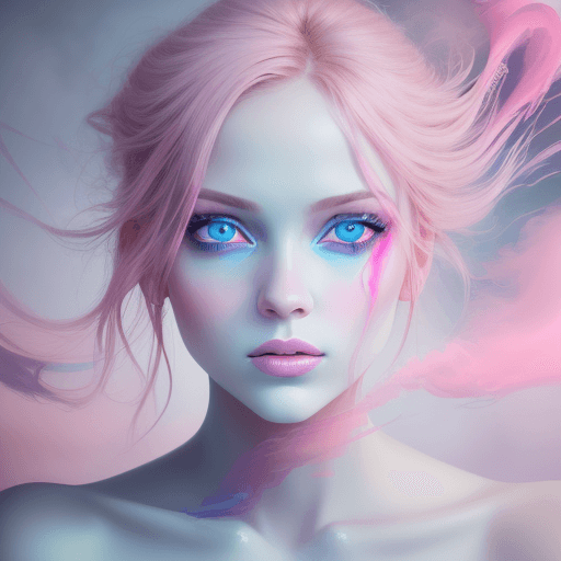 AI generated: portrait of a woman covered in cloud of smoke, blue eyes, whirlwind, pink highlight colors, pink mak...