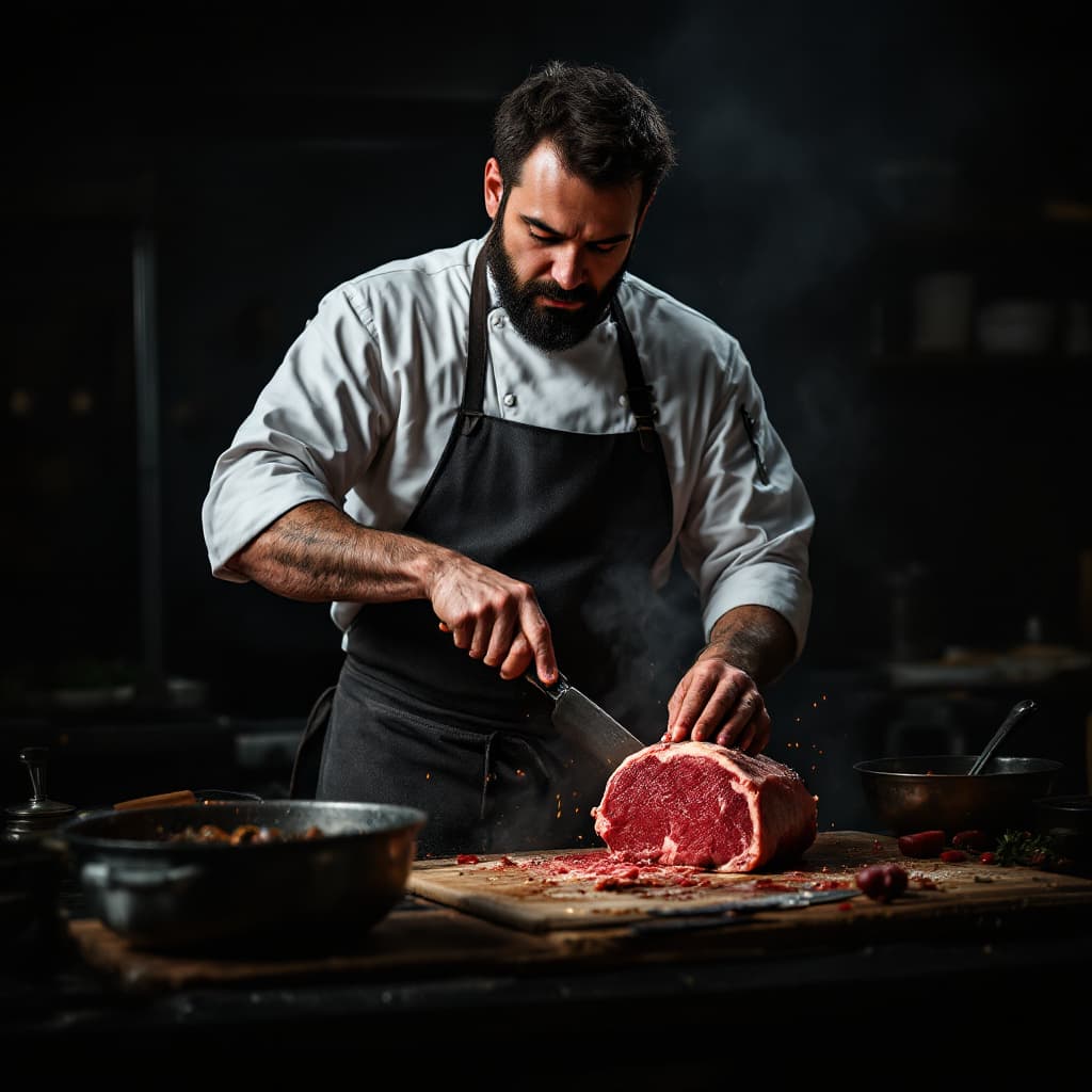 AI generated: darker image of chef in apron cooking big chunk of meat. 
Photography