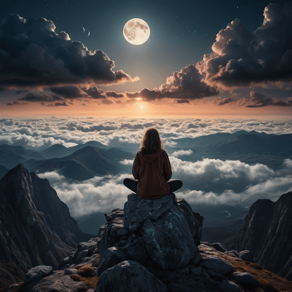 AI generated: a girl sitting on top of mountain and watching the moon