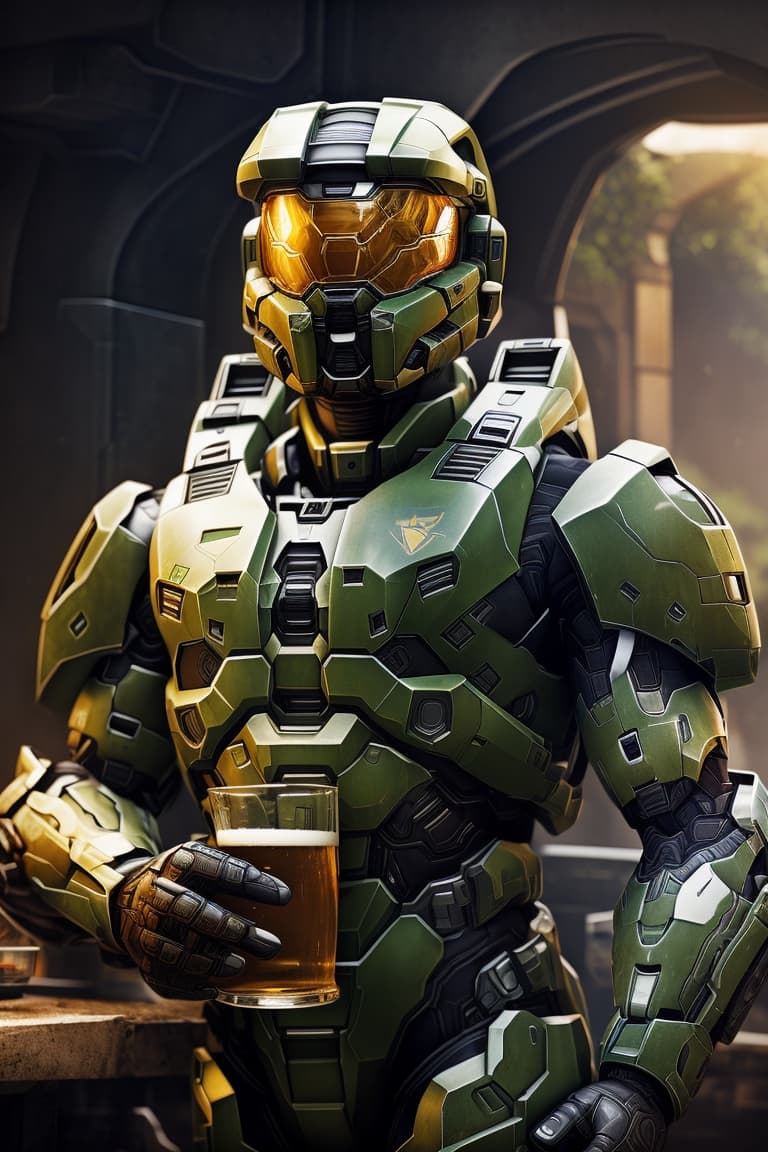 AI generated: Master Chief from the game Halo holding a beer mug and a galactic war on the background, intricate, ...