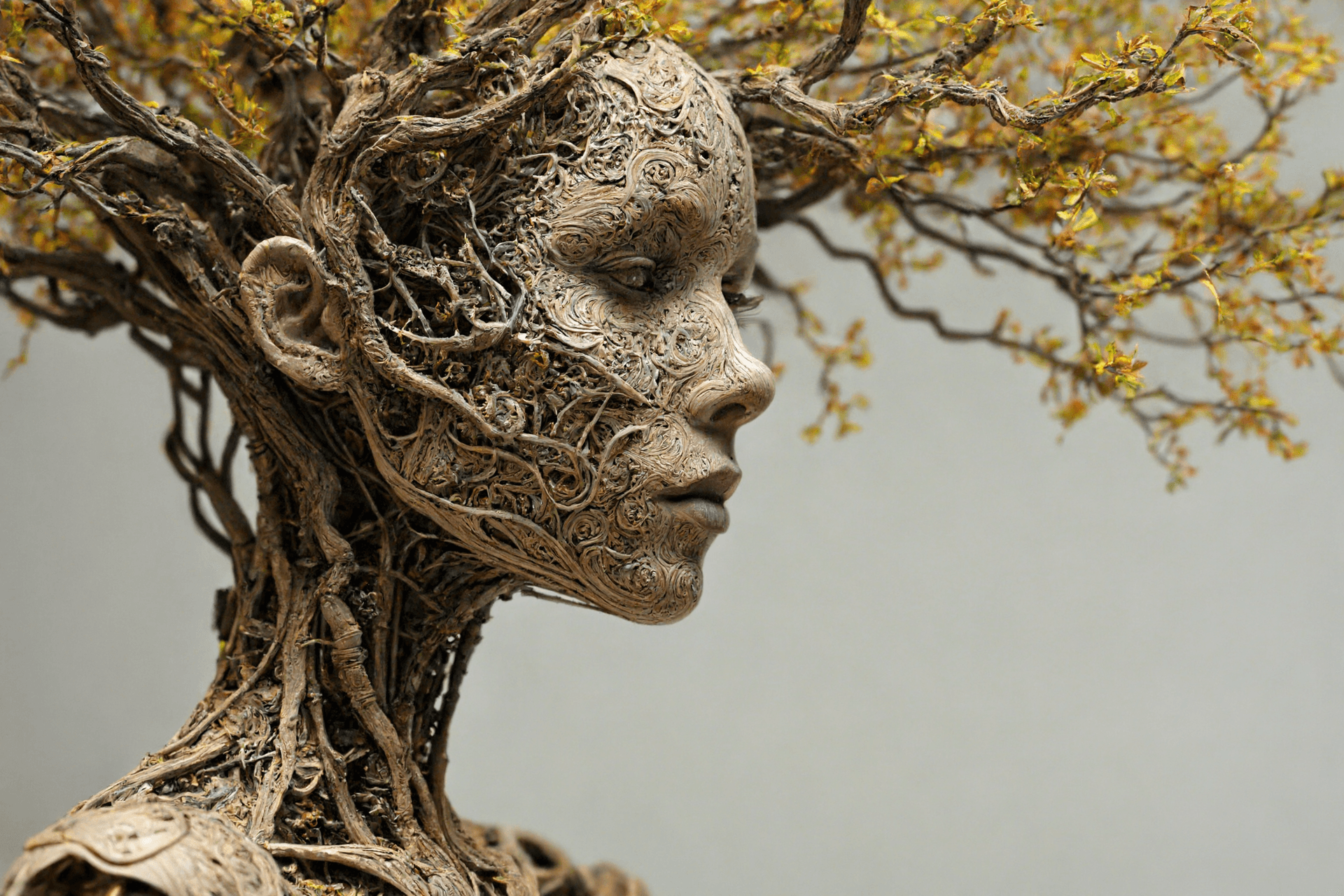 AI generated: a machine a human and a tree all mixed into single beautiful being,intricate details,masterpiece