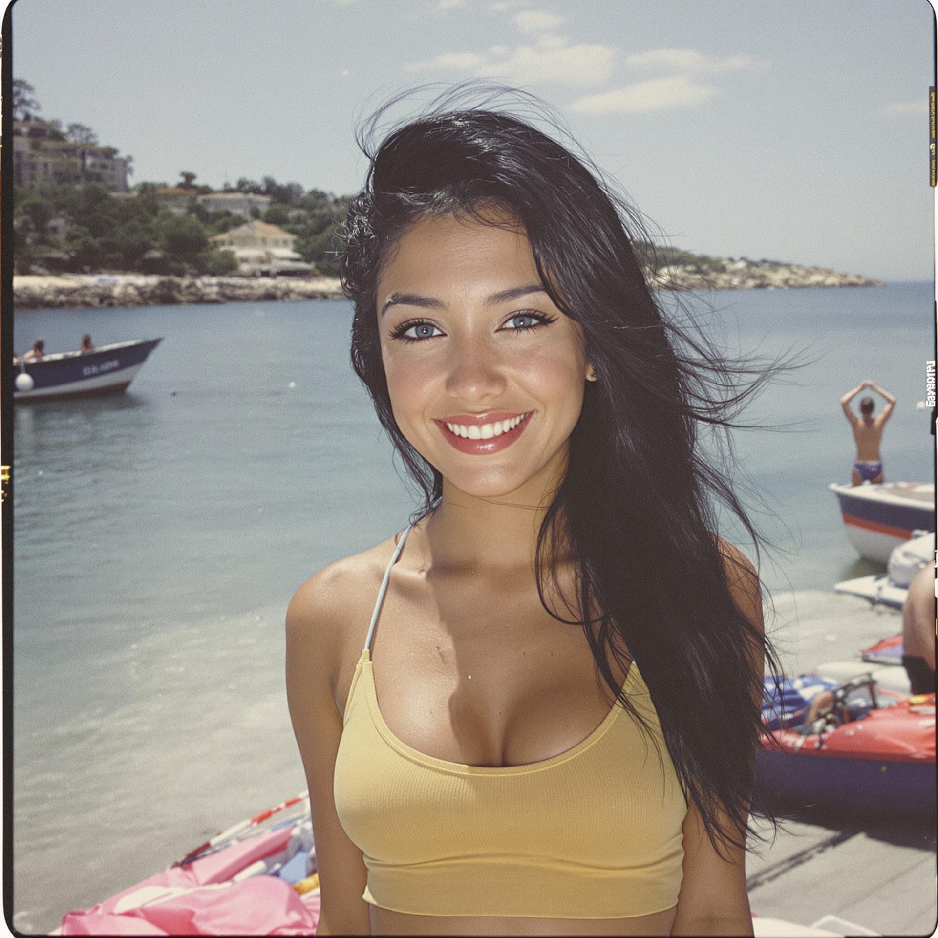 AI generated: 18-year-old woman, black hair, light blue eyes, tanned white skin, thin body, highlighted curves, us...