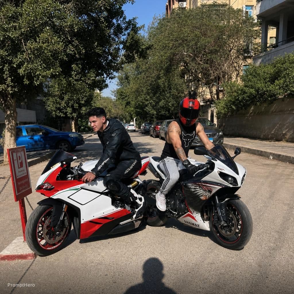 AI generated: Merge the two bikers standing side by side ay the uploaded street, make it as real photo