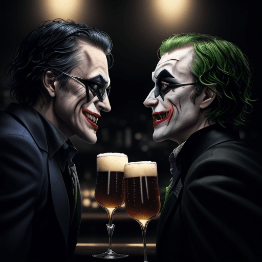AI generated: batman and joker drink beer, batman left side, joker right side, batman, joker, film, side view, sid...