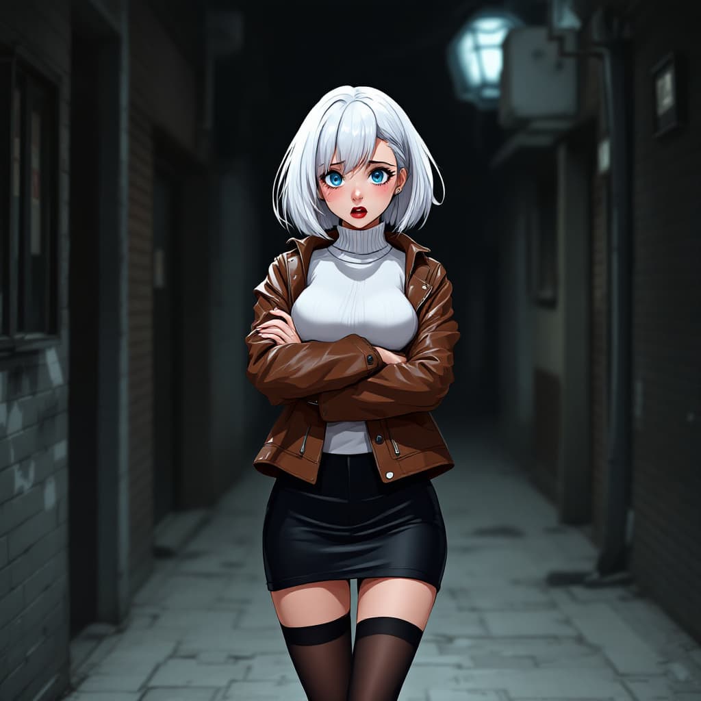 AI generated: anime, woman, white hair, bob cut, blue eyes, freckles, red lips, white turtle neck sweater, tight t...