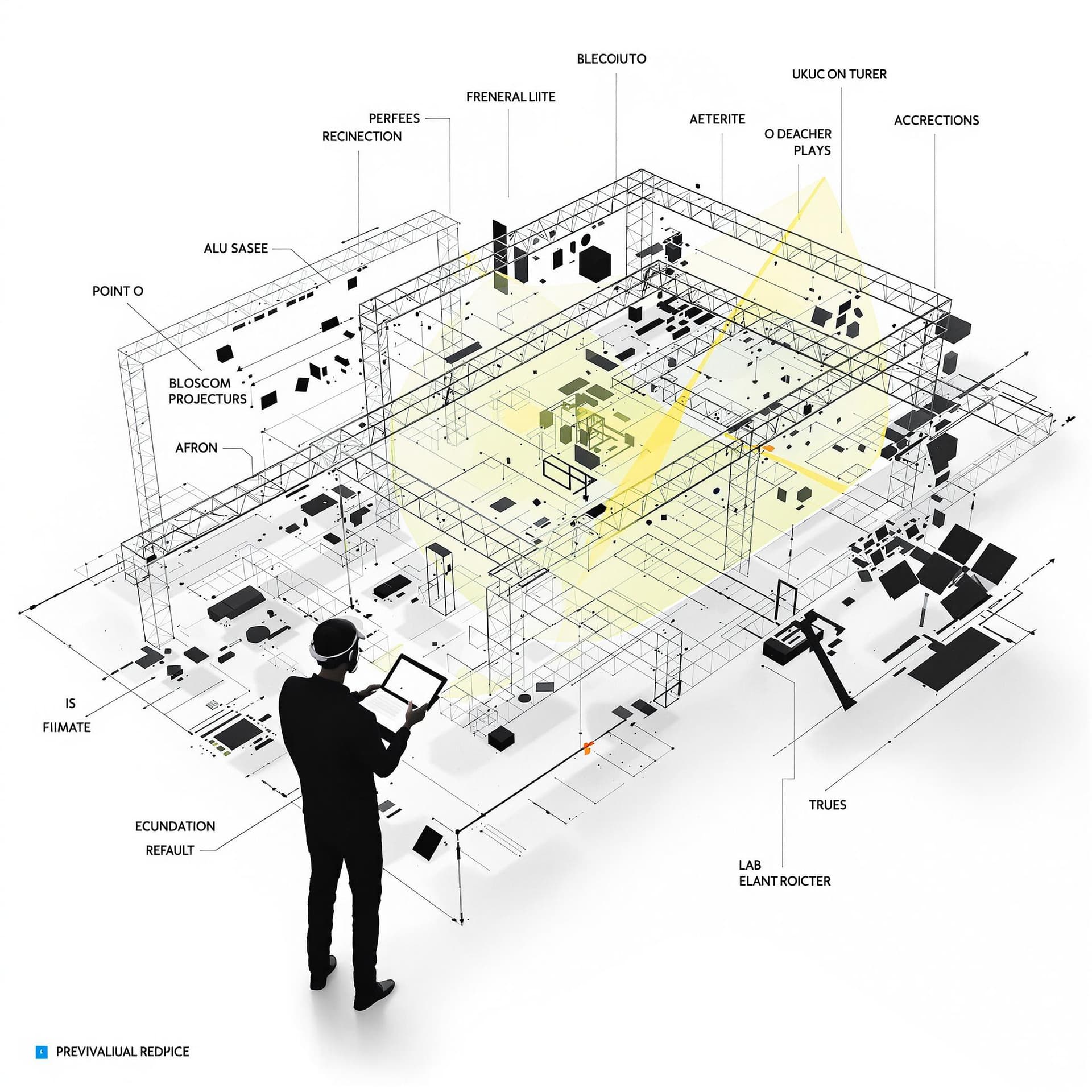 AI generated: Un plan technique de scène en 3D, avec structures alu (truss), projecteurs, et points d’accroche bie...