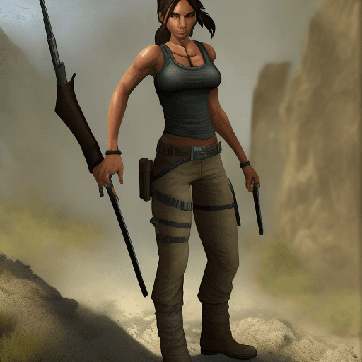 AI generated: Lara Croft from Tomb Raider, Camouflage Uniform, ((CG Style)), Boss Battle Theme, Wide Angle View, C...