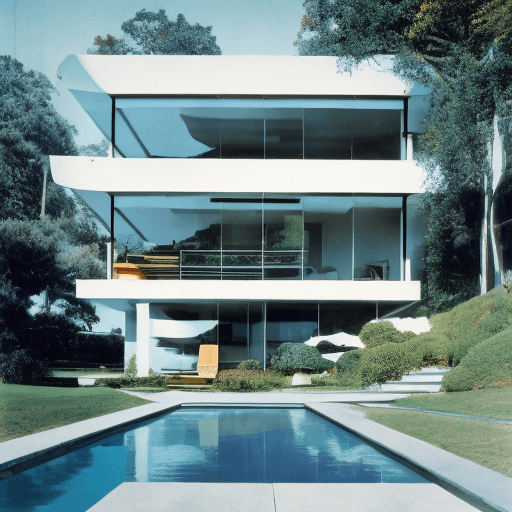 AI generated: Hyper realistic eye level exterior photo of a mid century modern style house overlooking the ocean, ...