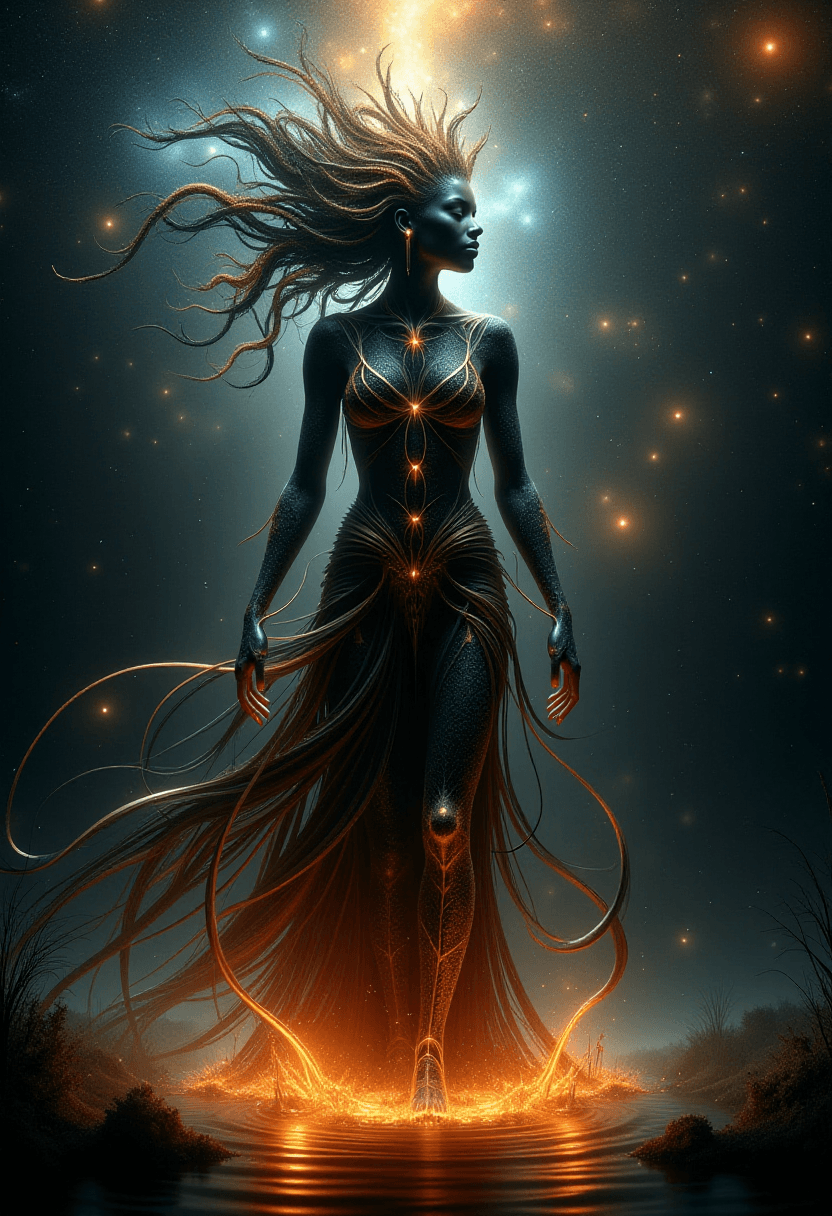 AI generated:  hyperdetailed, fullbody photo, She is the first female, she is not human, She is beautiful, african...