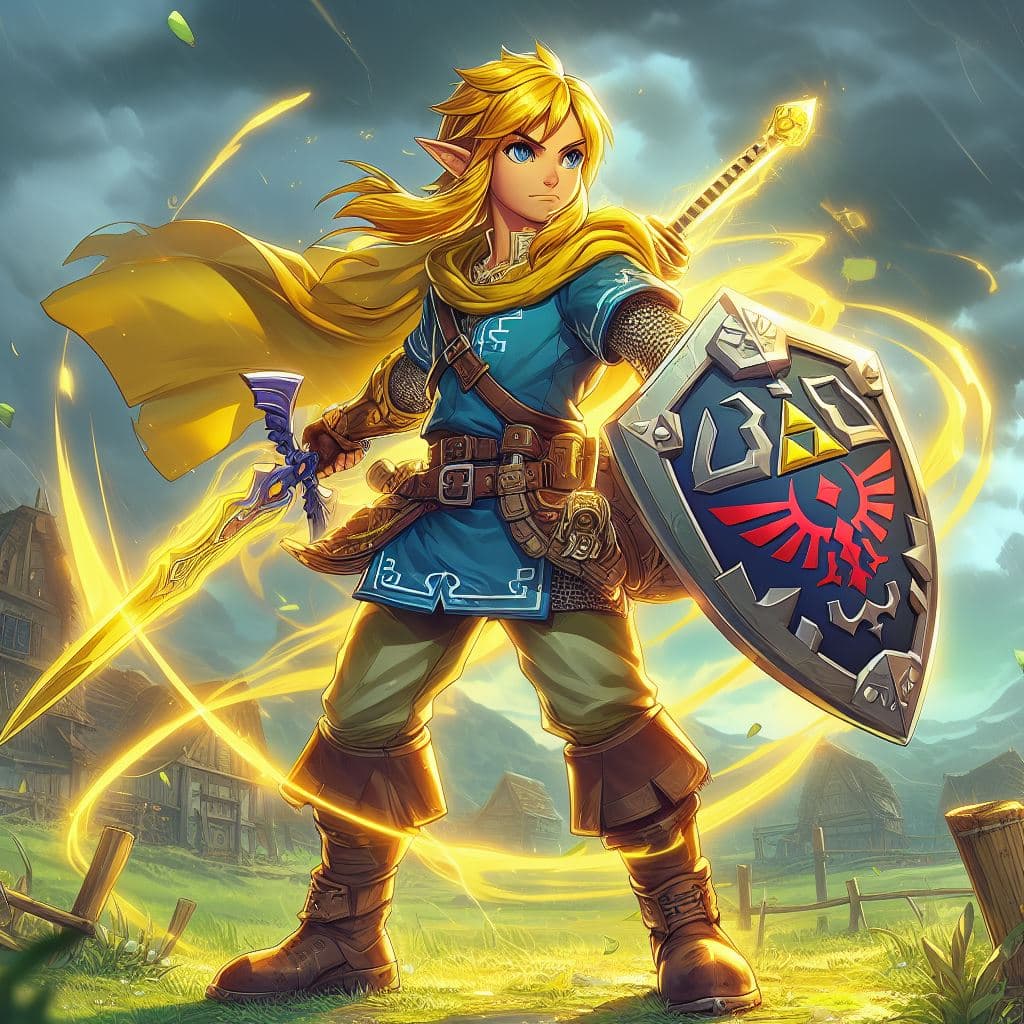 AI generated: an adult Link with shiny yellow hair and yellow aura around him, shiny white eyes, proud pose, boots...