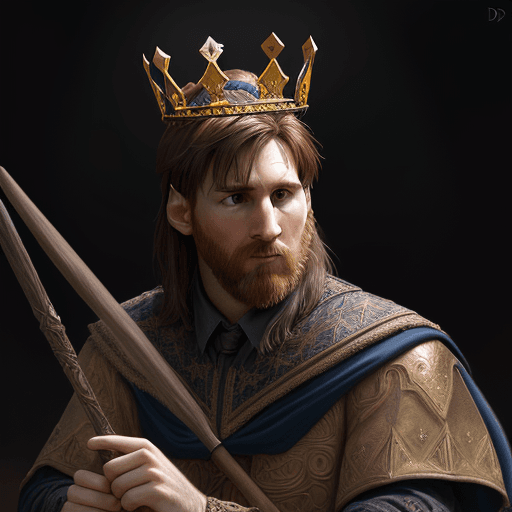 AI generated: Lionel Messi with a majestic crown, ride a broomstick like harry potter, D&D, fantasy, intricate, el...