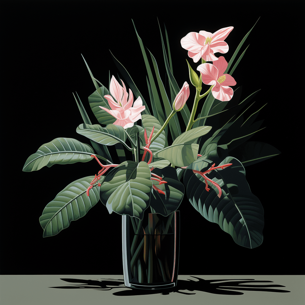 AI generated: Floral vector, still life, flowers, vase, leaves, pink and green, artist Ralph McQuarrie, Backlight,...