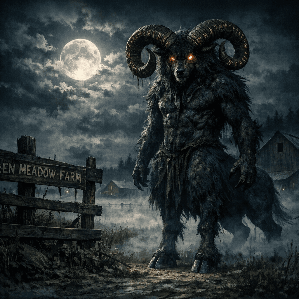 AI generated: dark hybrid creature standing at the edge of Green Meadow Farm at midnight, muscular goat-like lower...