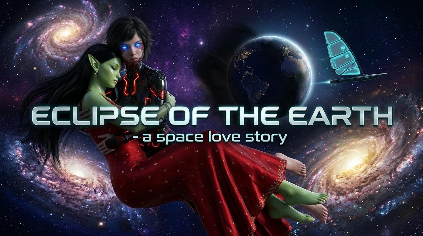 AI generated:  Make a movie poster in 16.9 with these two characters hugging in space with galaxies and planets. T...