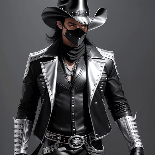 AI generated: male super hero named The Whip, Hispanic, black hair, no symbol, black leather pants ((silver button...