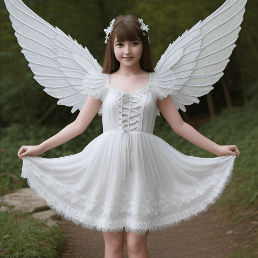 AI generated: Young female fairy, large wings, White lacey dress.
