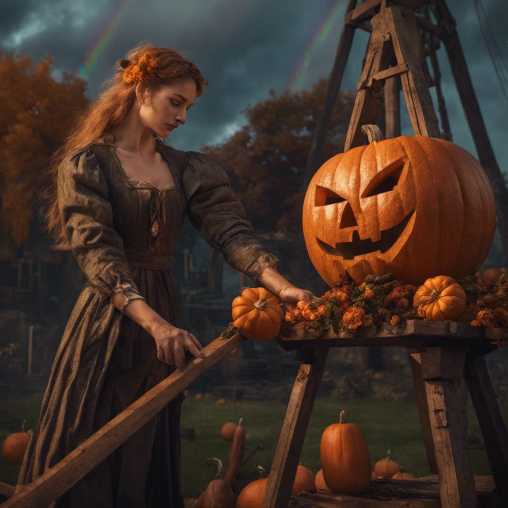 AI generated: A woman in a Halloween costume loading a pumpkin into a trebuchet, pre-raphaelite dark rainbow noir,...