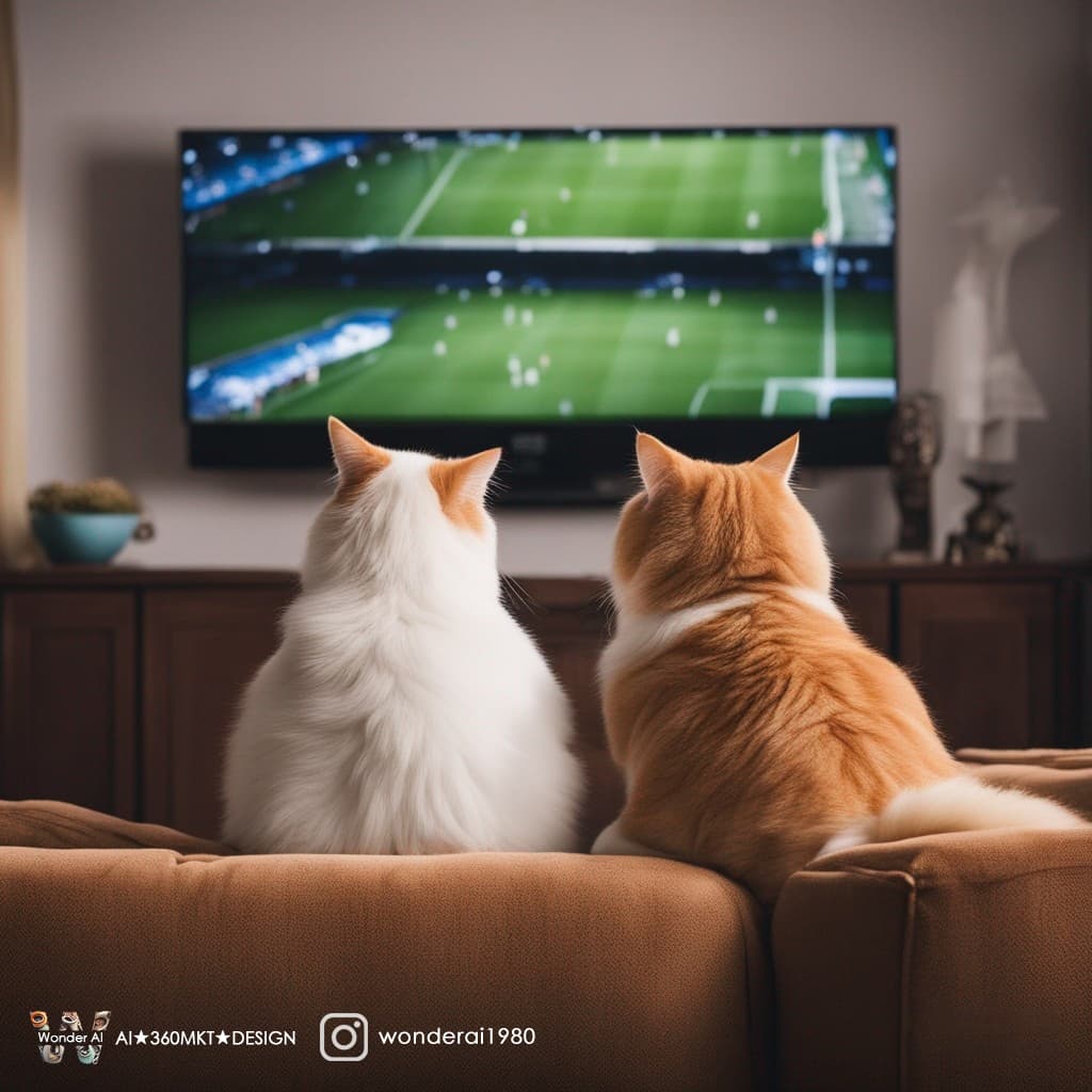 AI generated: anthropomorphic cute fat cats sitting on the couch watching Television, ([4K Television:10] broadcas...
