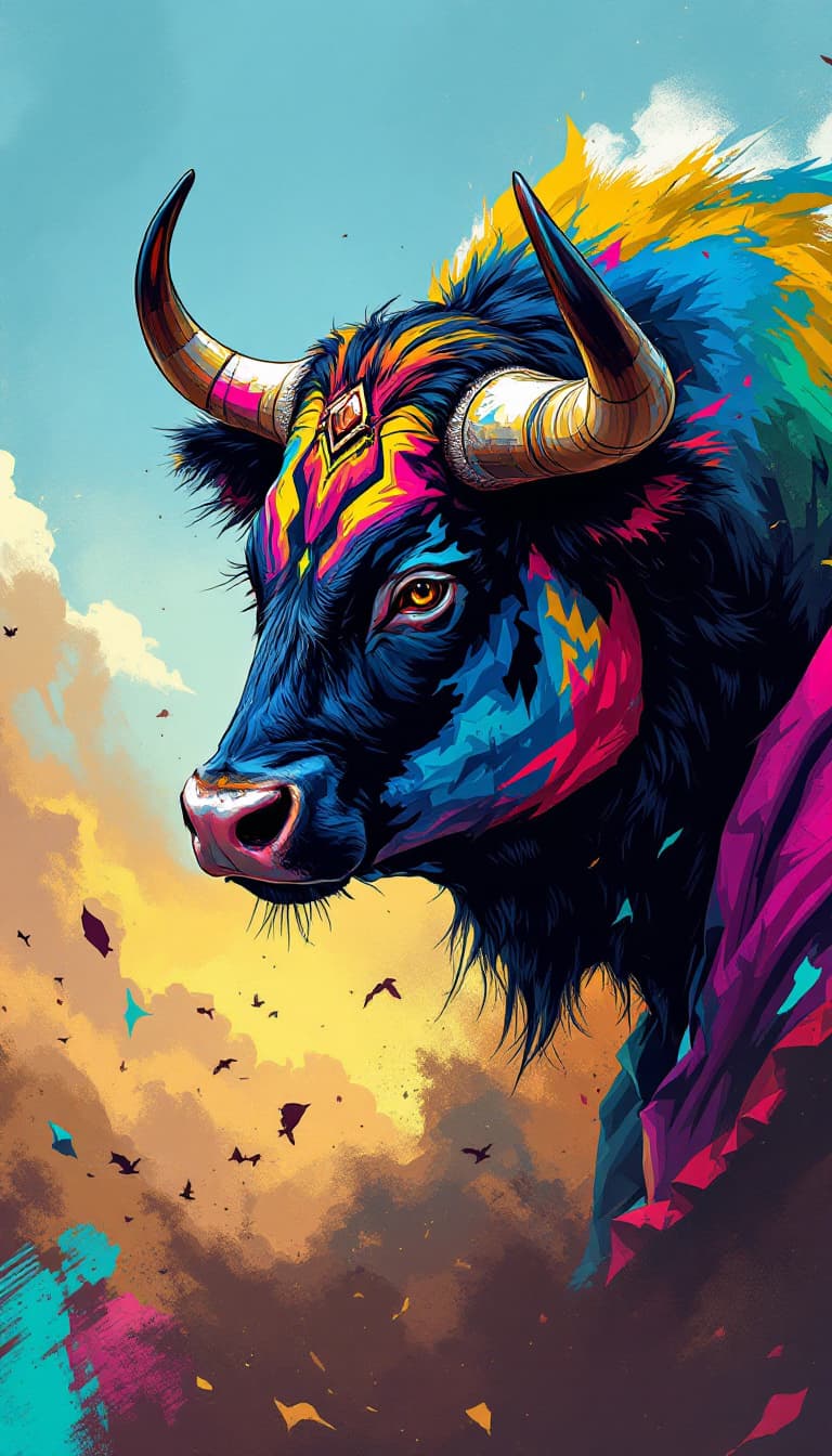 AI generated: series of a fighting bull with, modern portrait series of a nelore cattle in colorful wear, in the s...