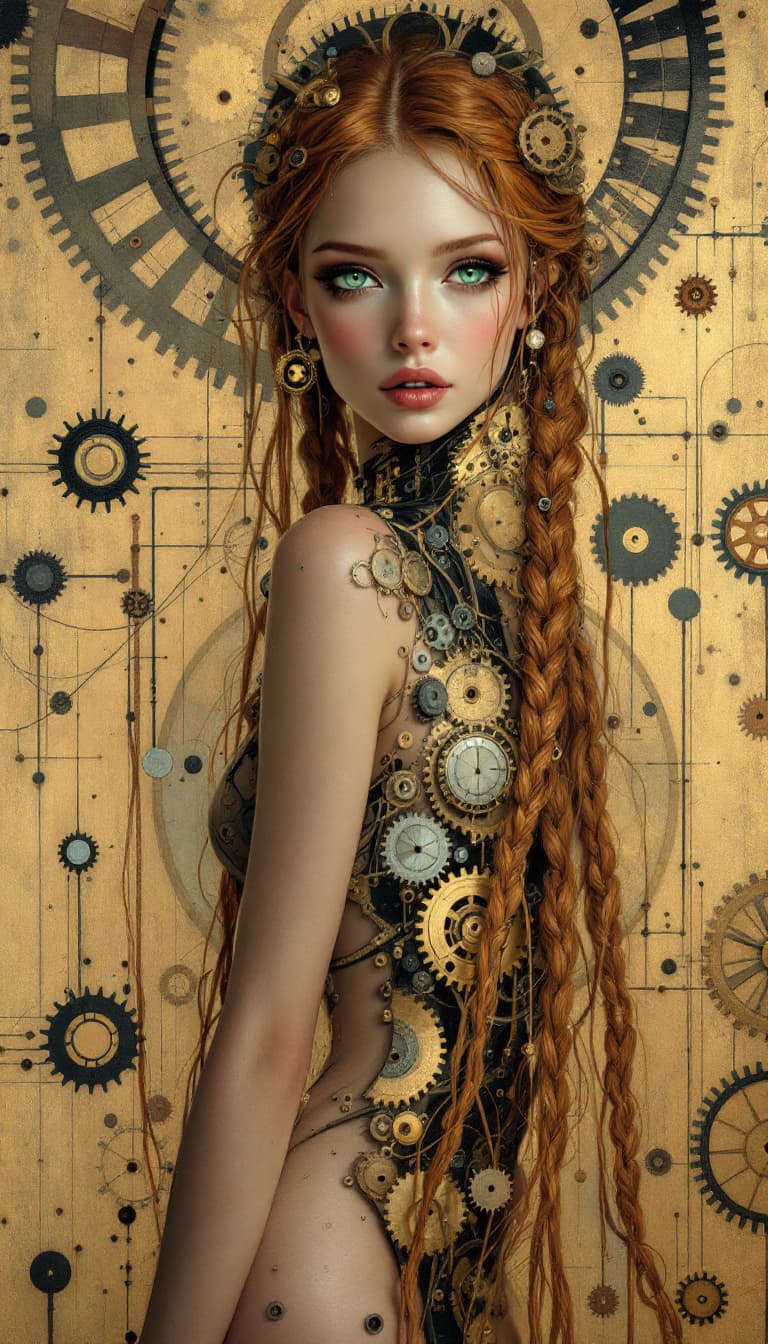 AI generated: "Bronze Automaton in a Clockwork World": A captivating abstract painting portrays an automaton, blen...
