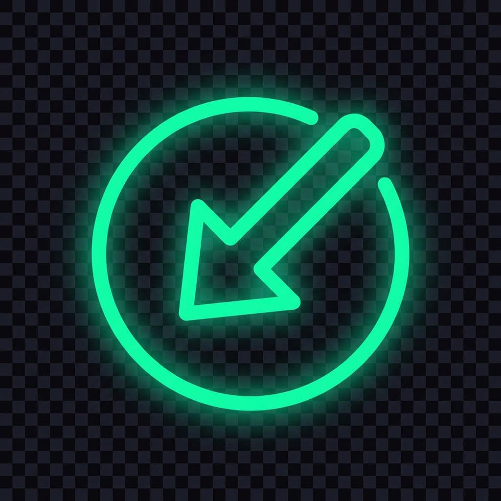 AI generated: minimal arrow pointing down-left entering circle, clean lines, green-cyan 
#00F5C8 color with soft g...