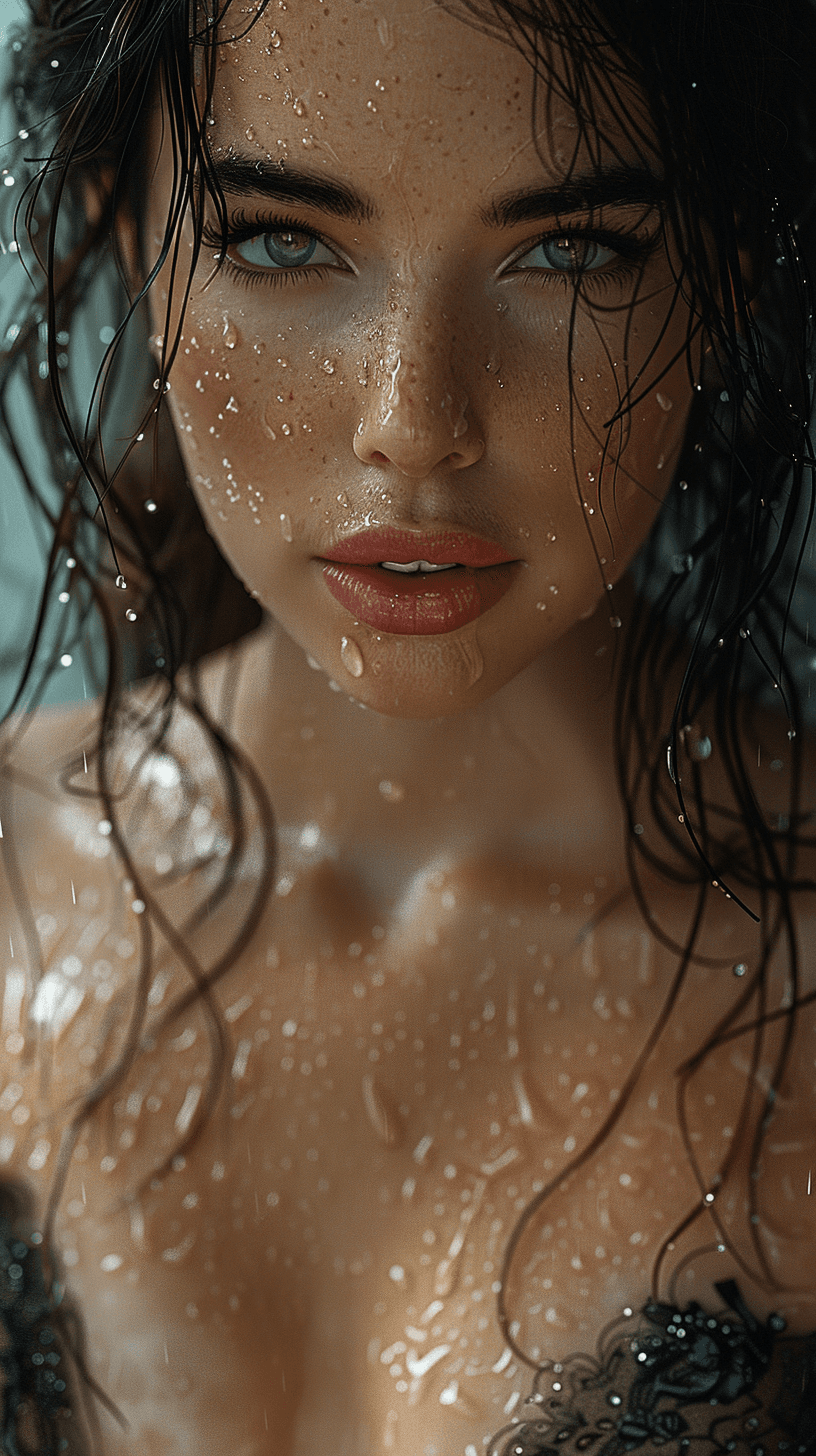 AI generated: women with a focus face, black gold dress . standing in light rain. with realistic drop of rain on h...