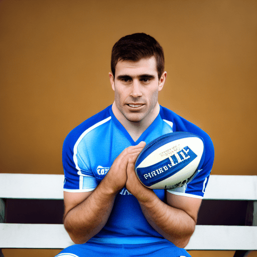 AI generated: full body photo of an athletic man in blue and white rugby kit, holding a rugby ball, sitting on the...