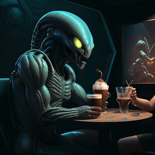 AI generated: Coffee Shop in Space, a Predator from movie Predator (1987) drinking coffee with an Alien from monie...