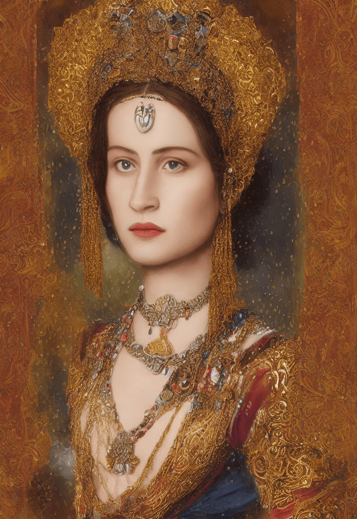 AI generated: full shot, Create a captivating tensor art representation of the Queen Helen of Sparta figure, dress...