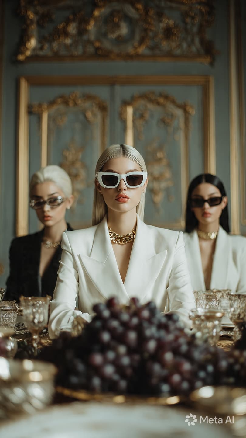AI generated: luxury fashion editorial scene, centered portrait of a young woman seated at an opulent dining table...