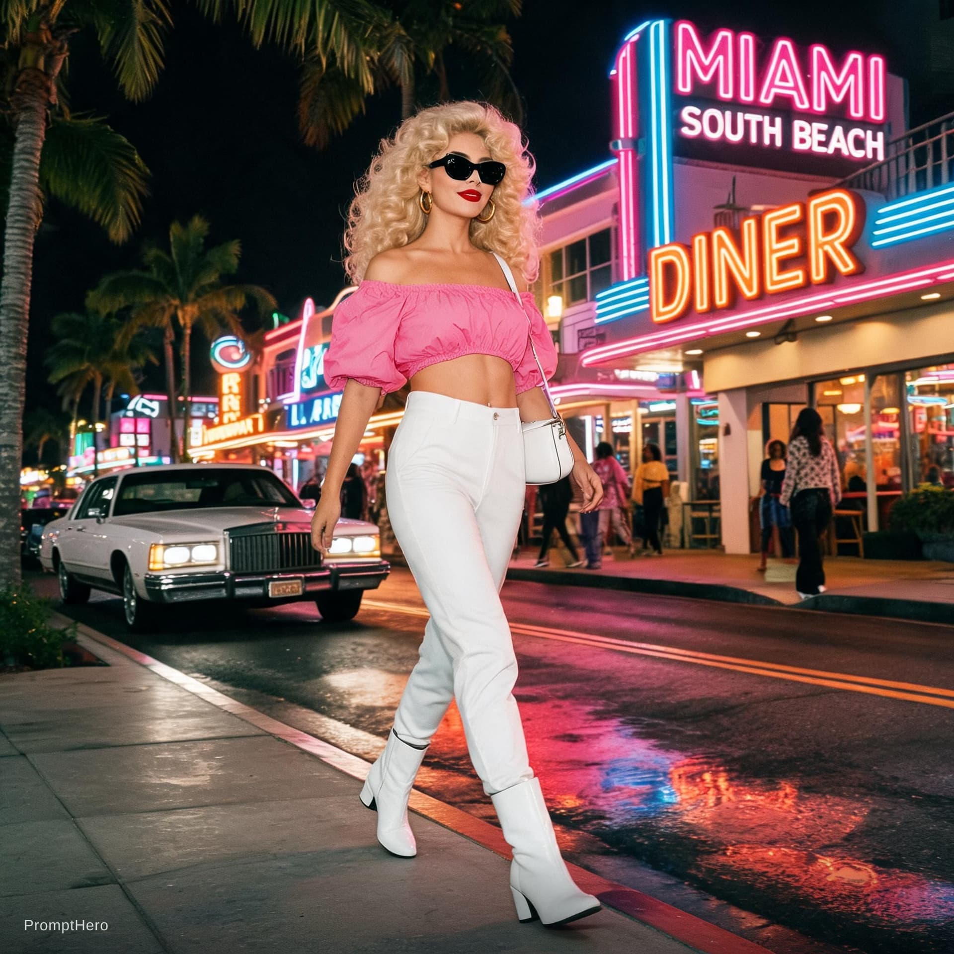 AI generated: Create a blonde woman with curly hair wearing 80s clothing walking the streets of Miami in a retro s...