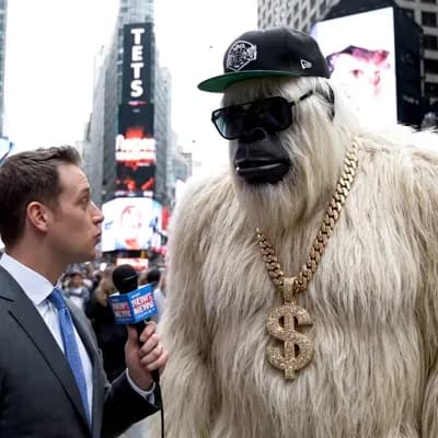 AI generated video: Un homme interview sur time square a new york, on voit tres bien la place et les gens autour qui mar...