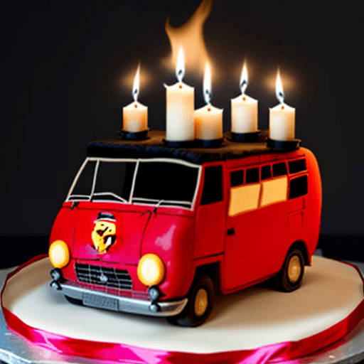 AI generated: a cake in the shape of an old ferrari bulli with burning candles sticking in