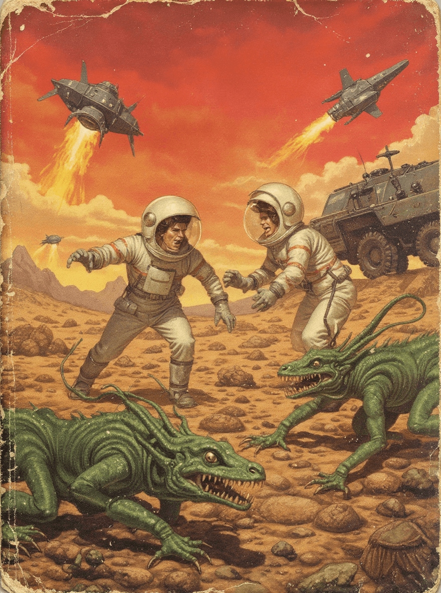 AI generated: A vintage pulp cover of an alien planet with two astronauts in space suits fighting green lizard peo...