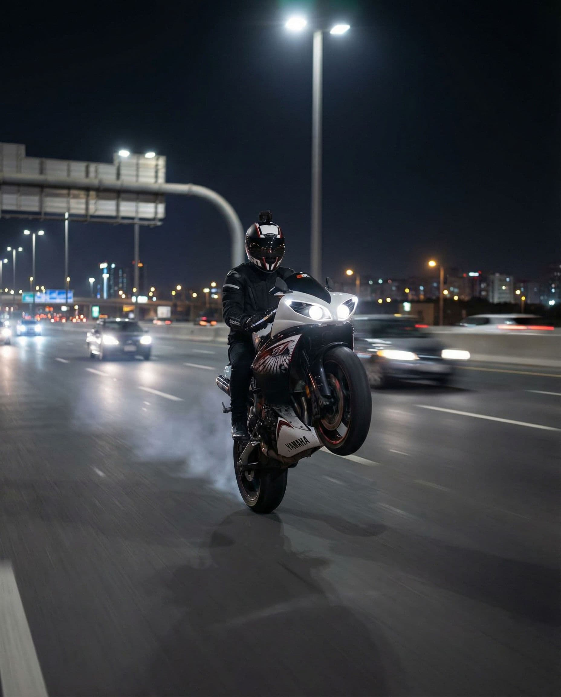 AI generated: Wheelie on highway 