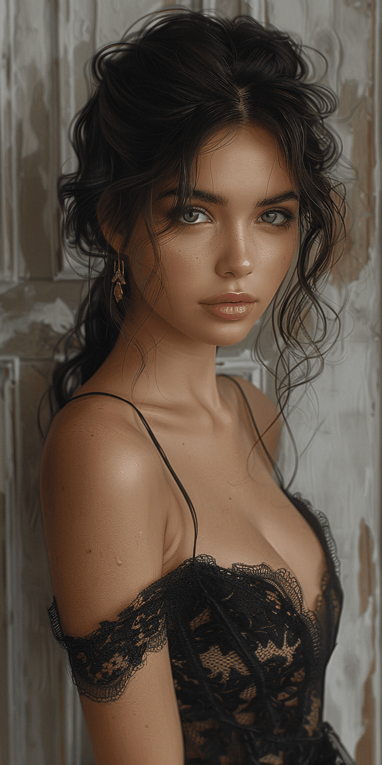 AI generated: Beautiful woman with dark hair in a black lace dress, in the digital art style, on a white backgroun...