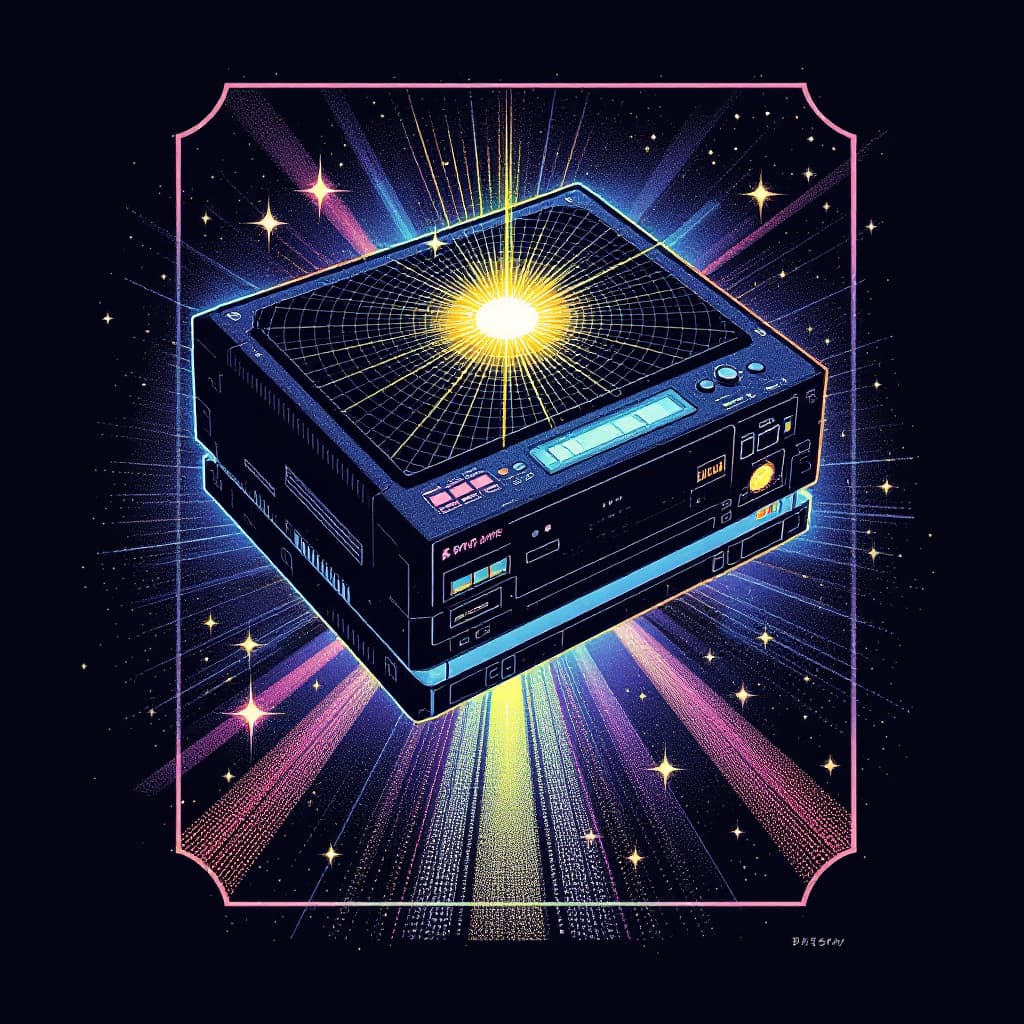 AI generated: stamp style, retro VCR player for mystical future laser solid state hard drive hardware, quantum com...