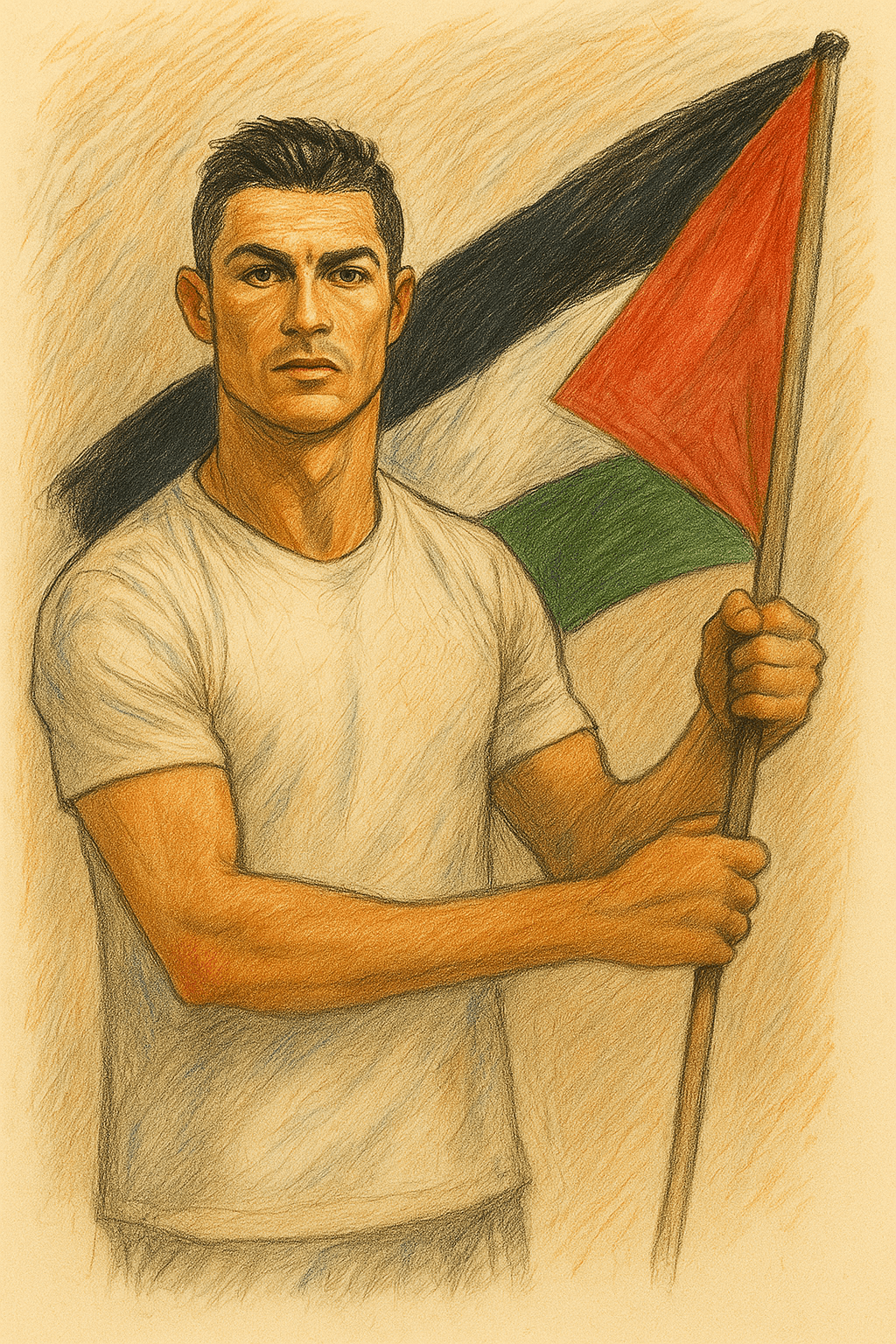 AI generated: make cristiano ronaldo with palestine flag with color sketch