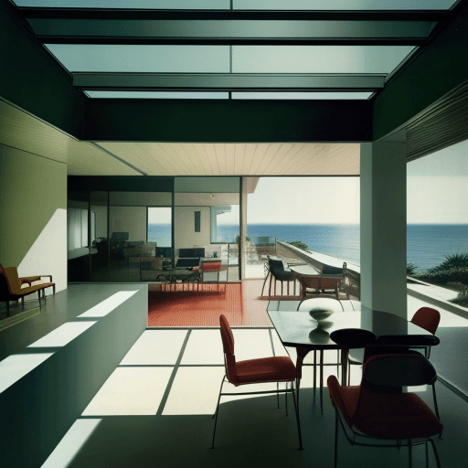 AI generated: Hyper realistic eye level exterior photo of a mid century modern style house overlooking the ocean, ...