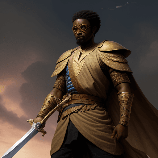 AI generated: a man stands with a sword, against a Ghanaian flying eye