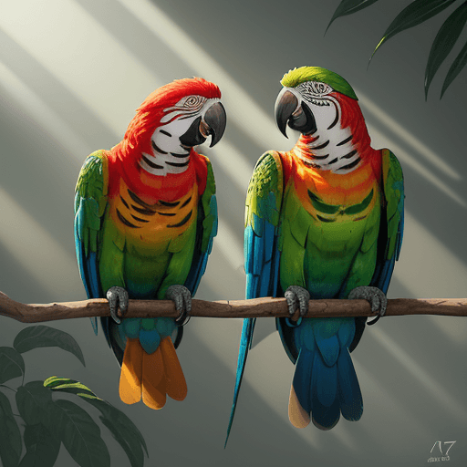 AI generated: a colorful painting of two parrots sitting on a branch, in the style of marcin sobas, 32k uhd, anima...