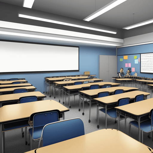 AI generated: Drawing of students in a classroom of the future, with many colors in HD