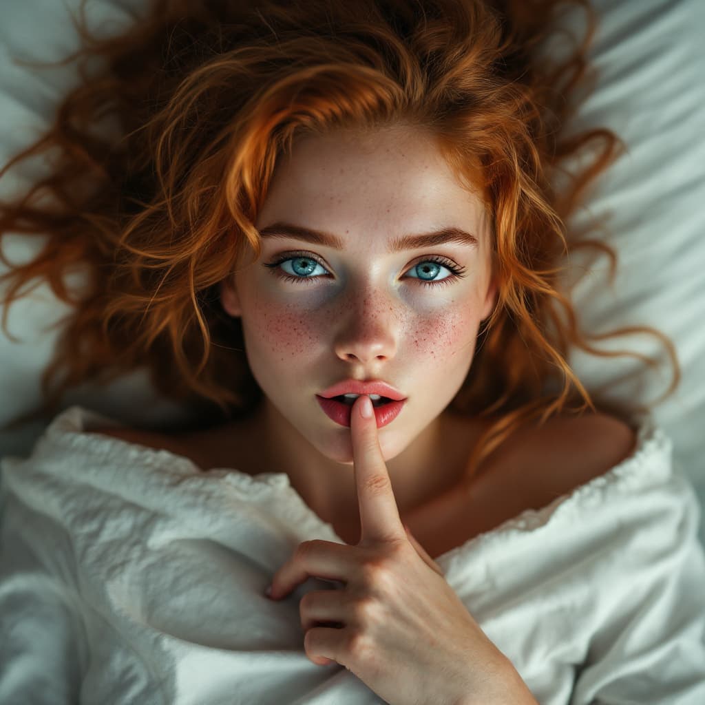 AI generated: ginger girl with freckles in bed, with finger in mouth with blue eyes