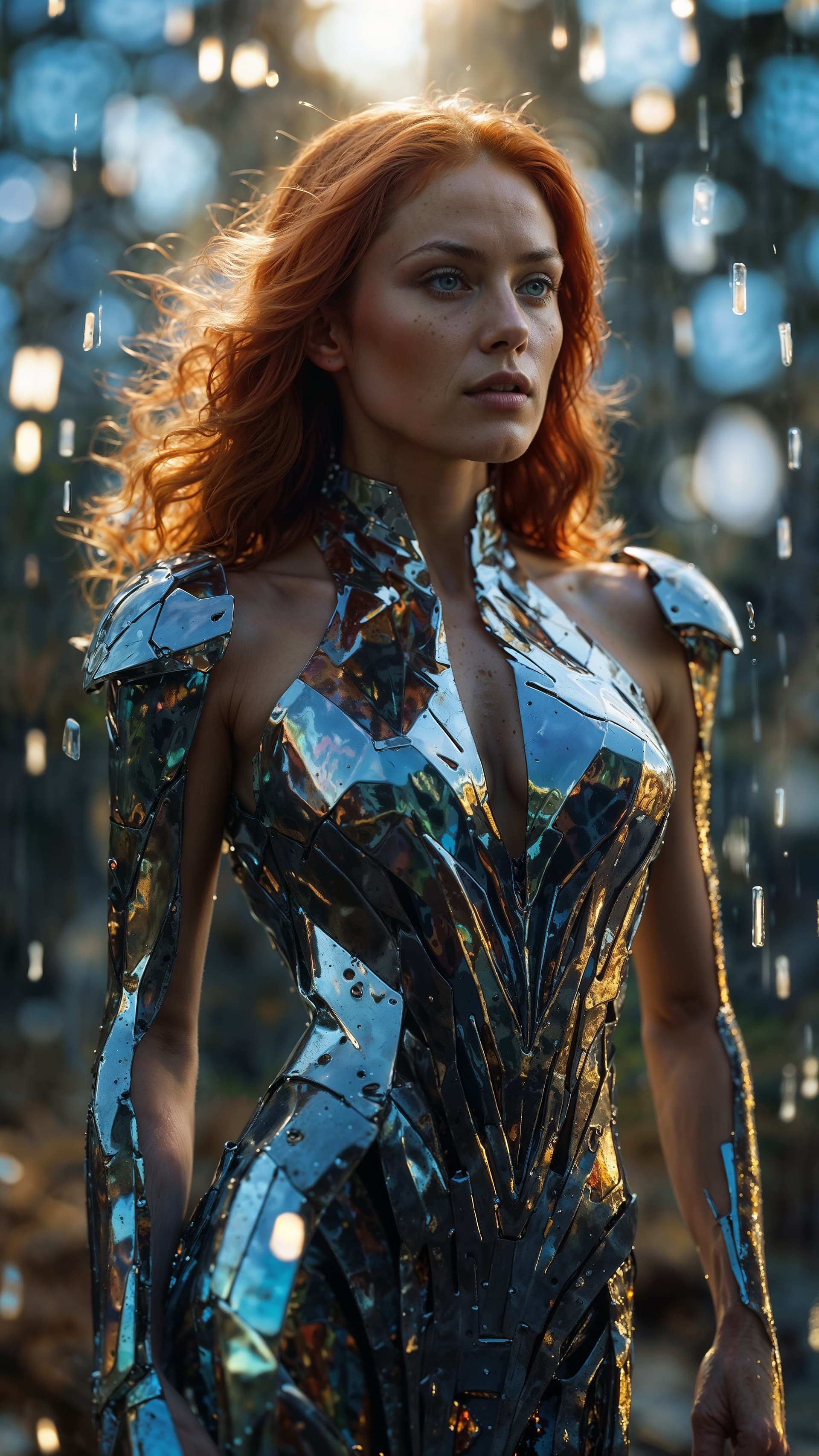 AI generated:  glass textures, a woman with red hair in the style of Tamara de Lampe, mythical, breathtaking beaut...