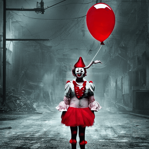 AI generated: a laughing::1.4 Pennywise clown with a red balloon::dystopian post-apocalyptic background with destr...