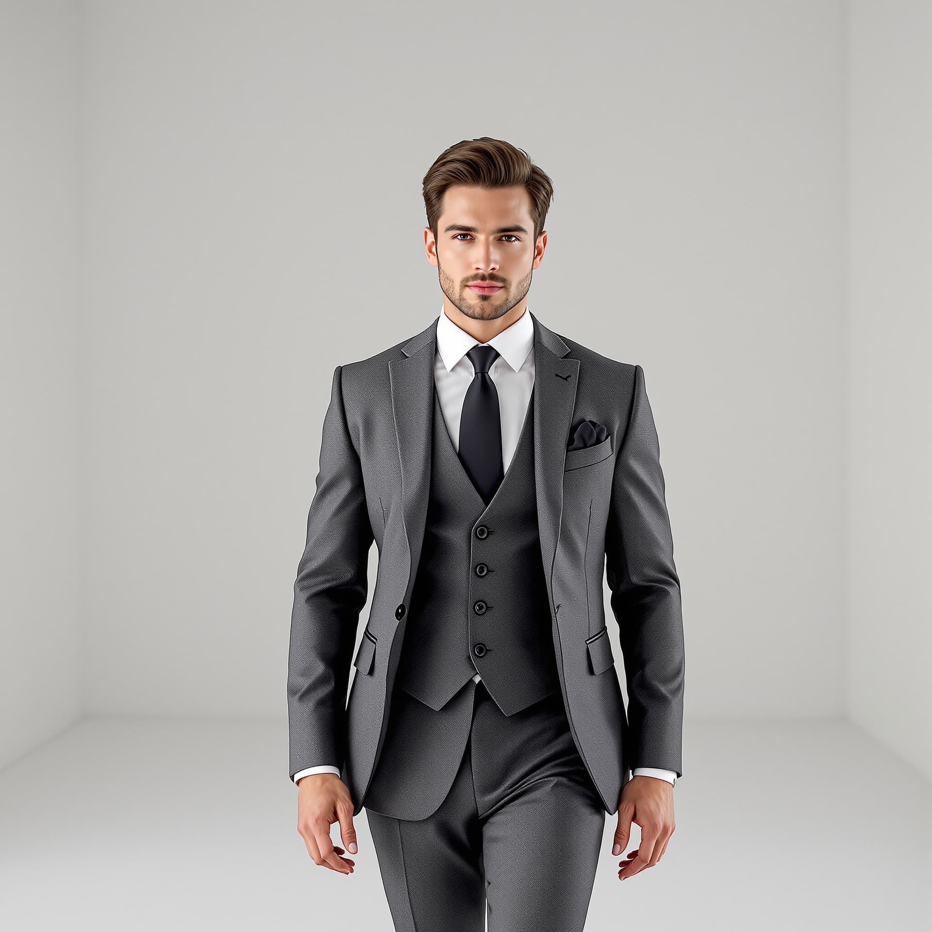 AI generated: A confident young man wearing a sharp three-piece suit, standing in a modern white room. He walks fo...