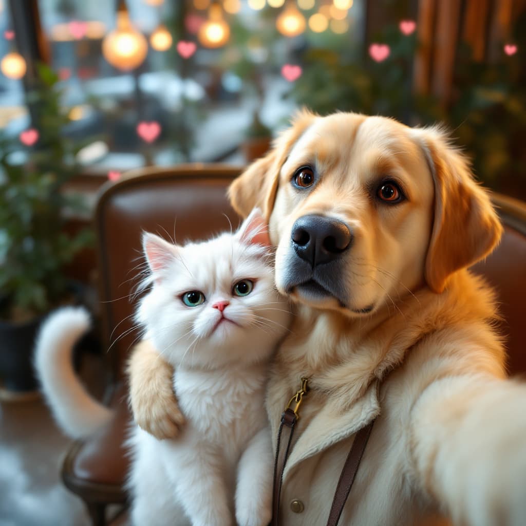 AI generated: An anthropomorphic golden Labrador retriever with big, expressive eyes and a big smile takes a selfi...